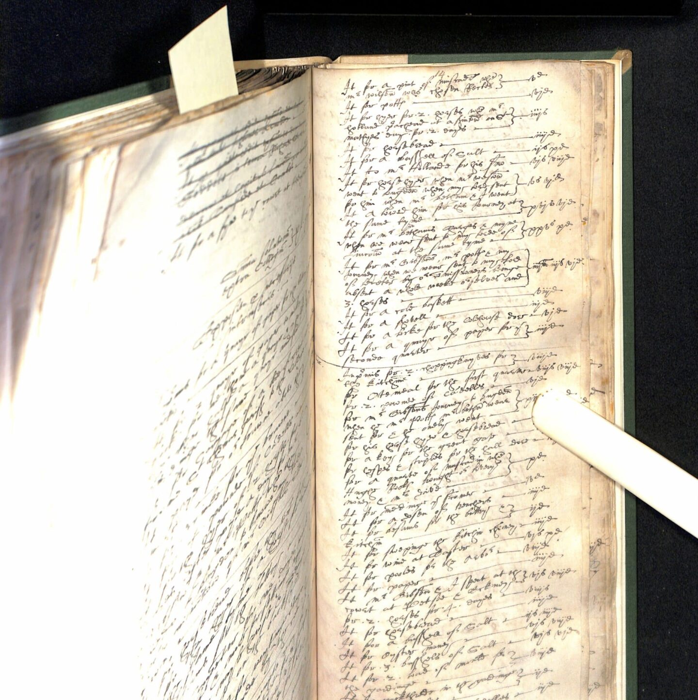 Page of an old ledger depicting expenses in the annual accounts, in particular expenses related to the election to rector of the Subrector John Gibson, and of the journey to the College Visitor’s residence at Buckden to inform him of the result.