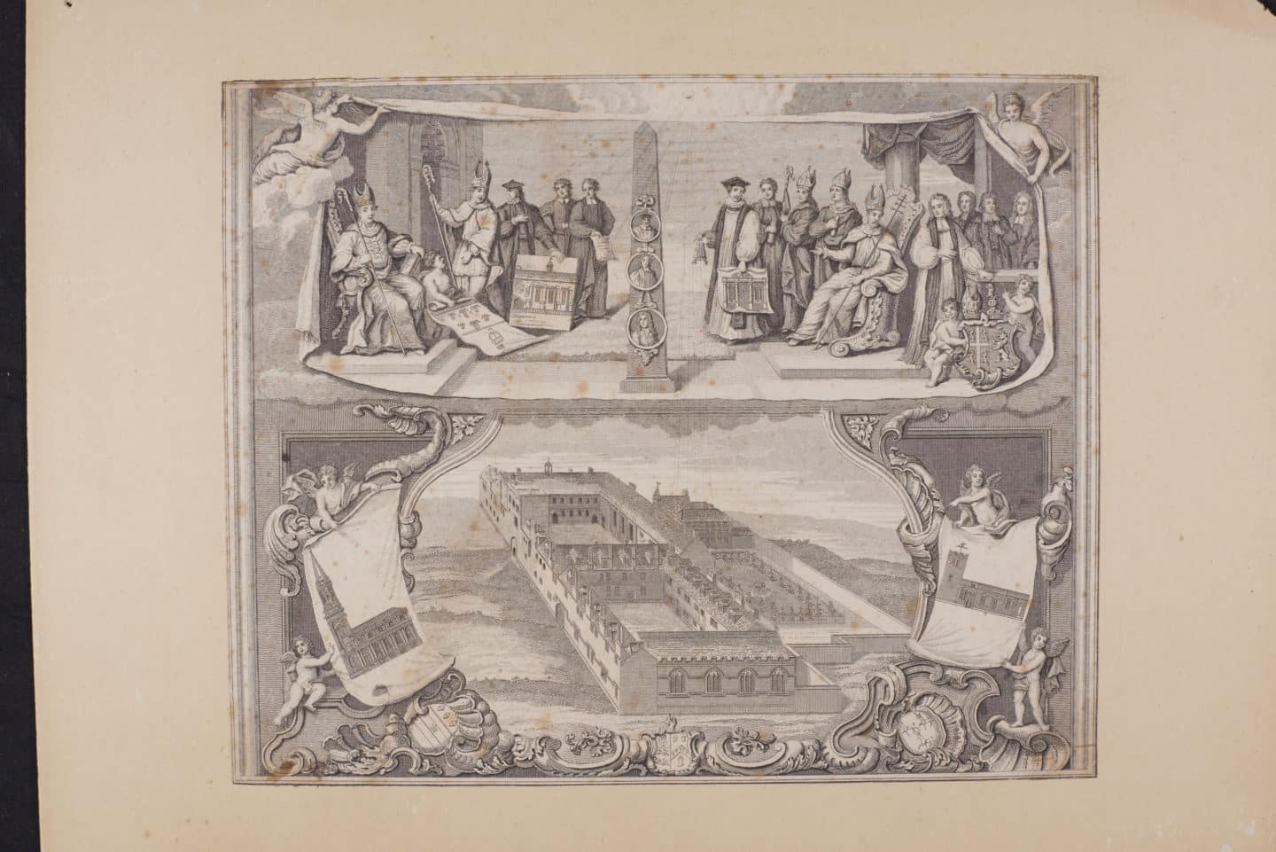 Illustration from the 1743 Oxford Almanack showing the layout of the College during Wesley’s time, along with depicting the founders and the two collegiate churches in Oxford: All Saints and St Michael’s at the Northgate.