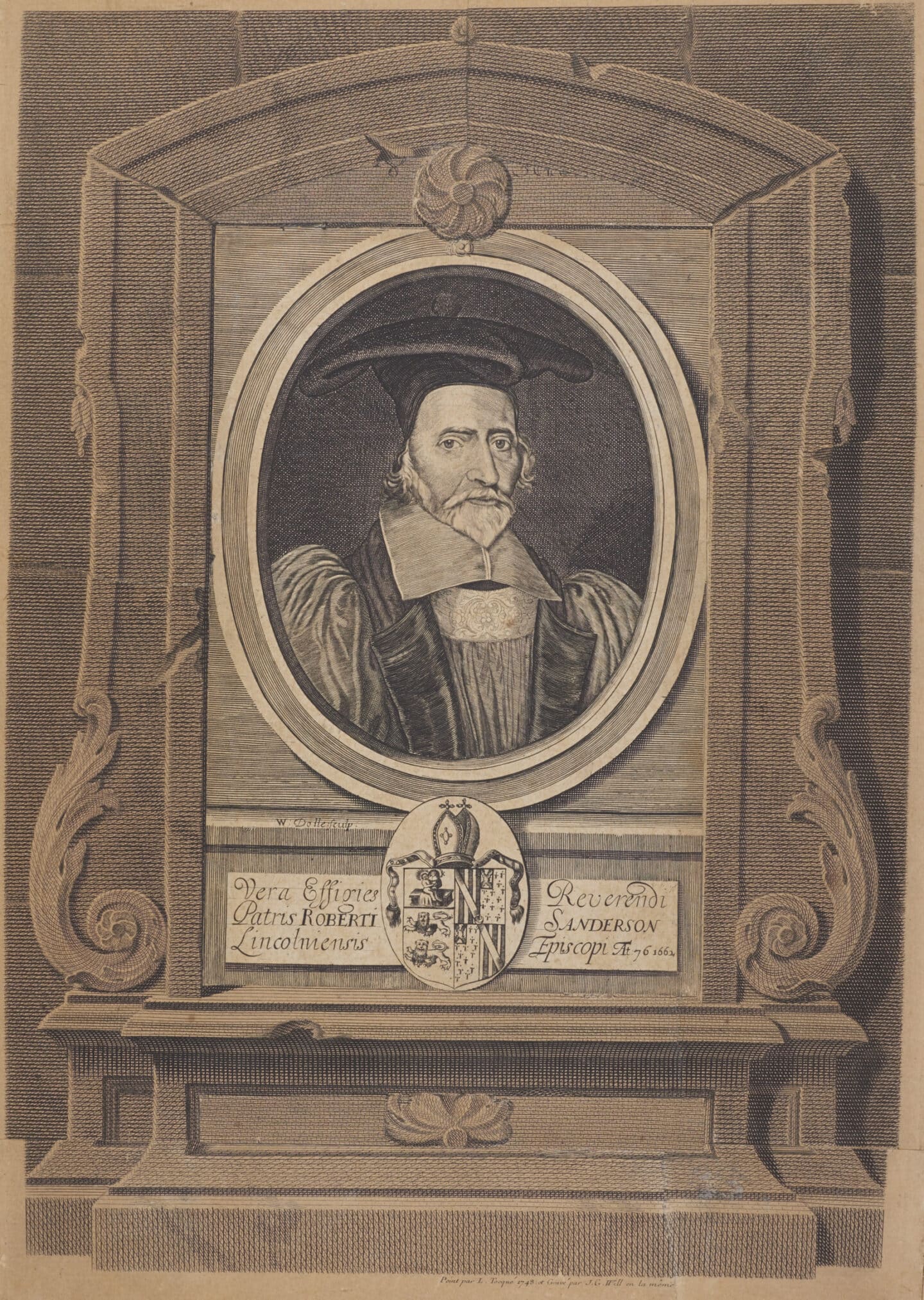 Engraving of Robert Sanderson, Bishop of Lincoln 1660-1663, in a gown and hat, with the Lincoln College crest underneath